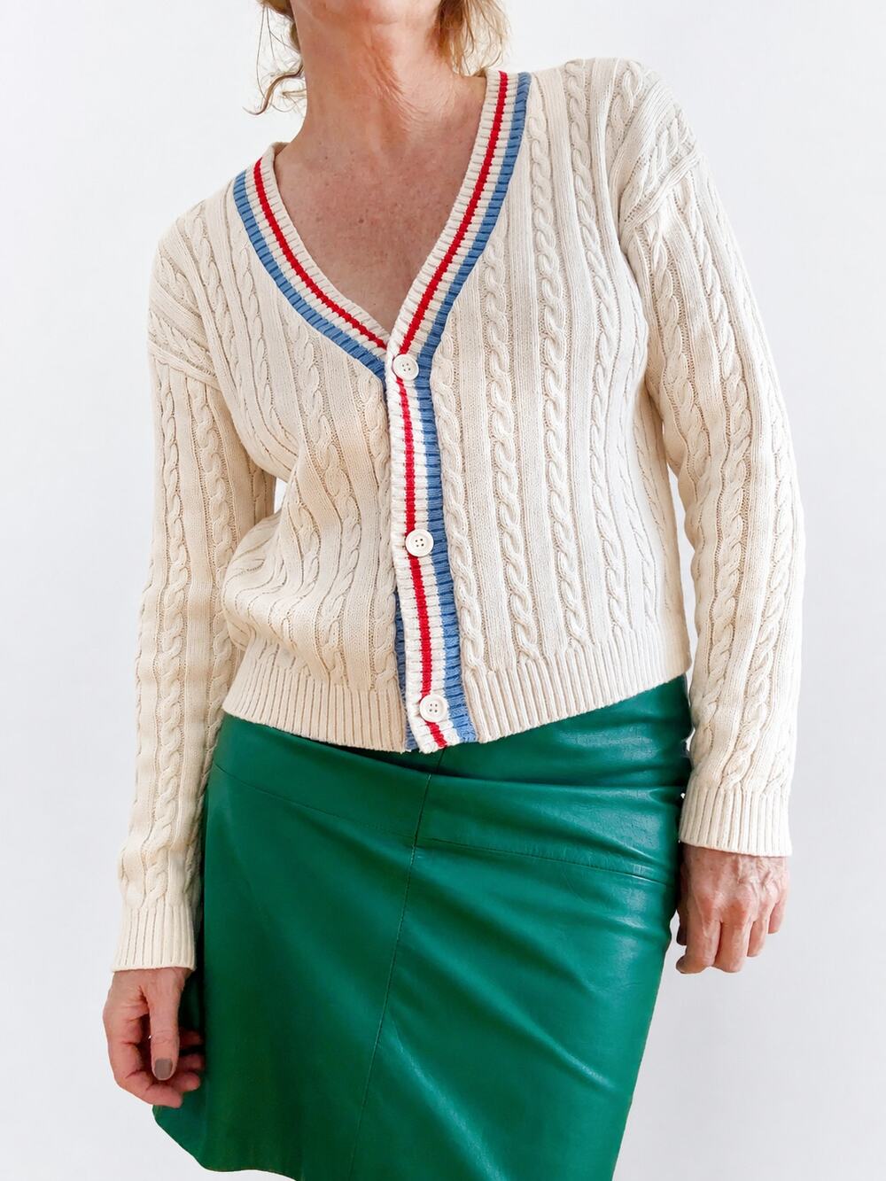Prince Cotton Cable Knit Cardigan Sweater Cream Striped Preppy Twee Tennis